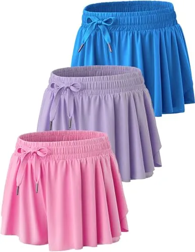 3 Pack Womens Flowy Running Shorts, 2-in-1 Butterfly Skirts with Shorts Underneath Spandex Athletic Casual Gym Workout Lounge (Set 9, Small)