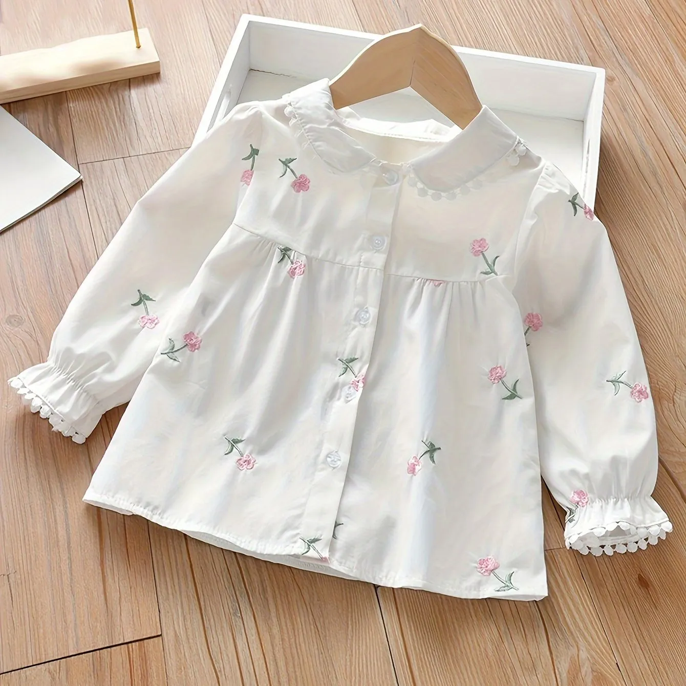 Adorable Girls Delicate Ruffle Flower Embroidered Shirt - Stylish Button Front for Spring & Fall Parties - Versatile Wardrobe Essential