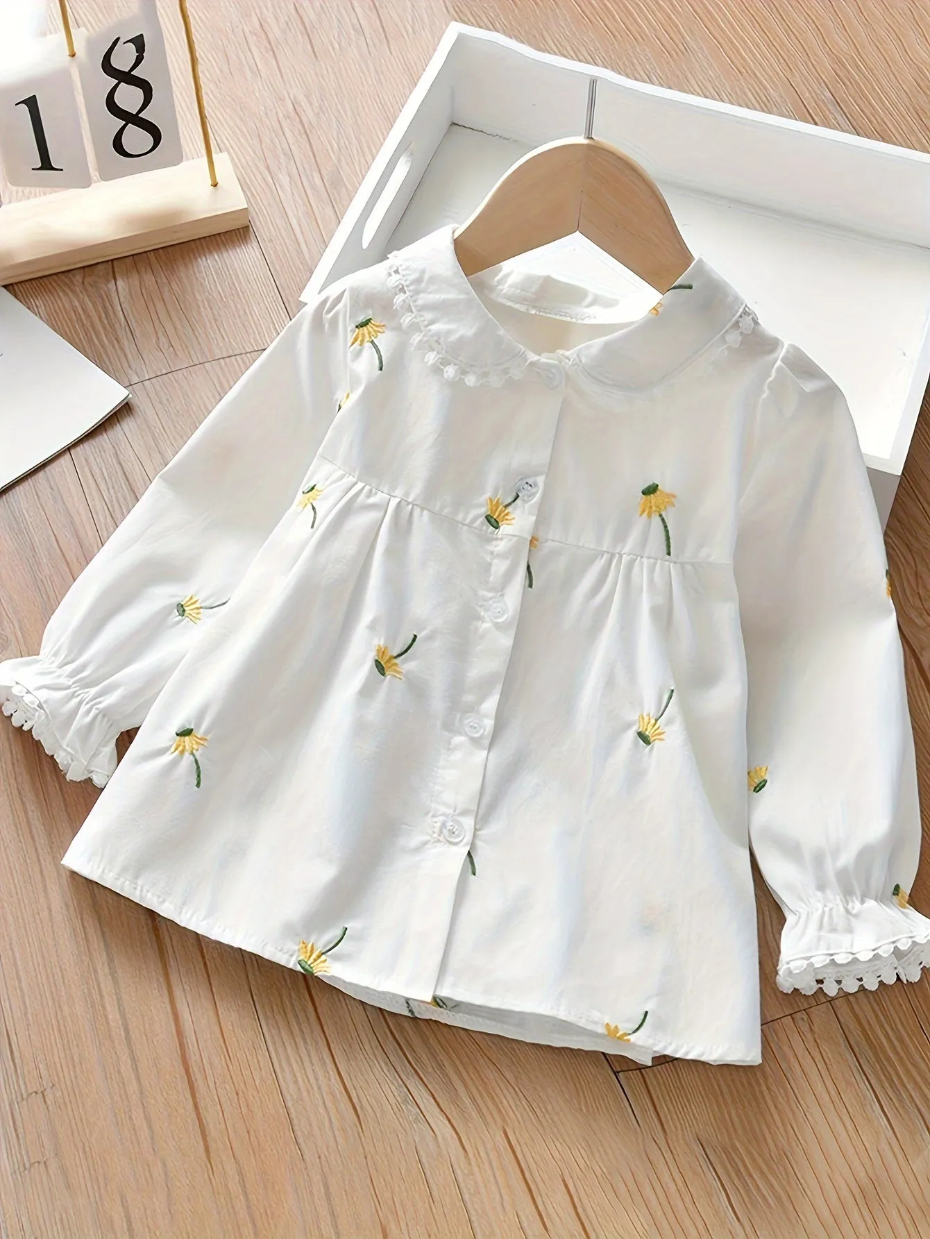 Adorable Girls Delicate Ruffle Flower Embroidered Shirt - Stylish Button Front for Spring & Fall Parties - Versatile Wardrobe Essential