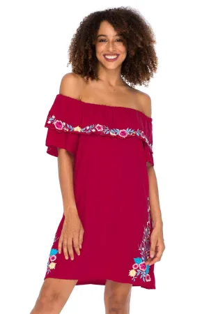 Back From Bali Womens Off Shoulder Embroidered Tunic Dress Boho Short Ruffle Beach Sundress