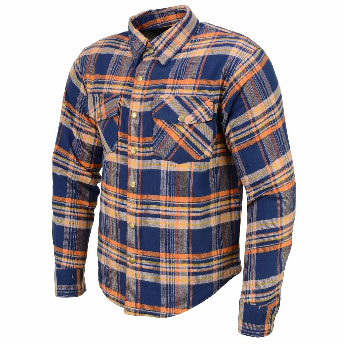 Blue and Orange Flannel Biker Shirt for Men with CE Armor - Reinforced w/ Aramid Fiber