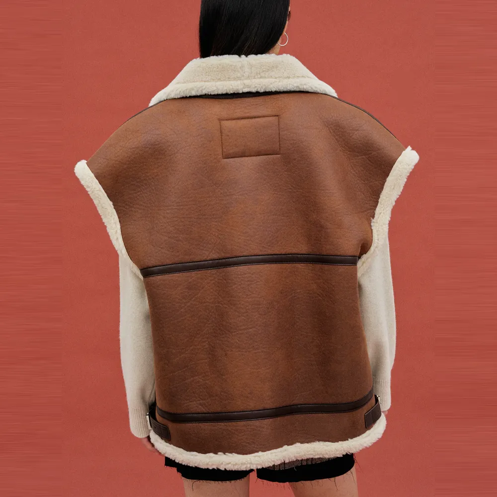 Brown Women Sheepskin Shearling Aviator Leather Vest