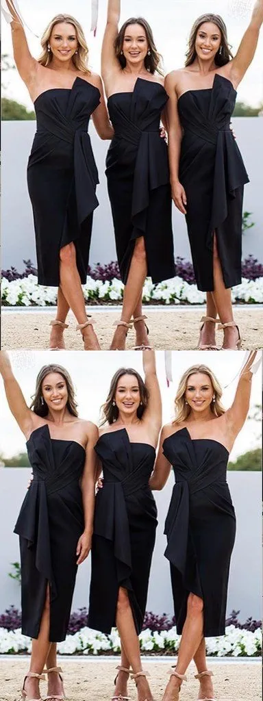 Chic Black Strapless Short Bridesmaid Dresses with Slit