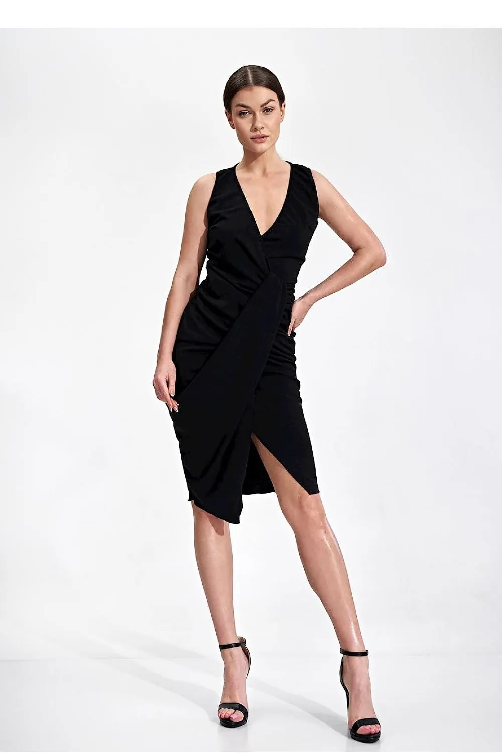 Chic Draped Midi Cocktail Dress with Modern Envelope Neckline