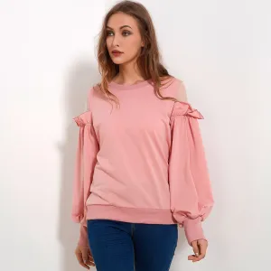 Cold Shoulder Ruffles Patchwork Sweatshirt