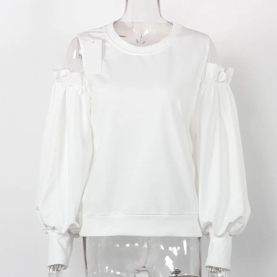 Cold Shoulder Ruffles Patchwork Sweatshirt