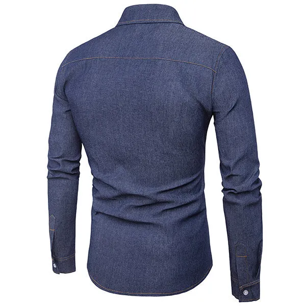 Denim Designer Shirts for Men Casaul Stylish Solid Color Band Collar