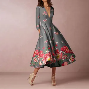 Elegant Border Prionted  V Neck Long Sleeves Pocket Midi Dress