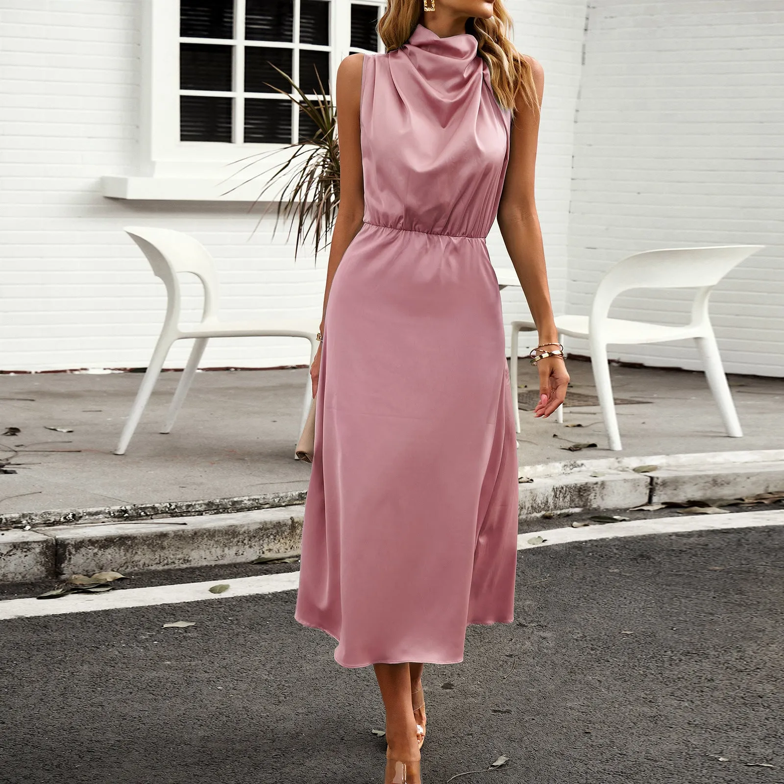 Elegant Sleeveless Solid Color Summer Dress