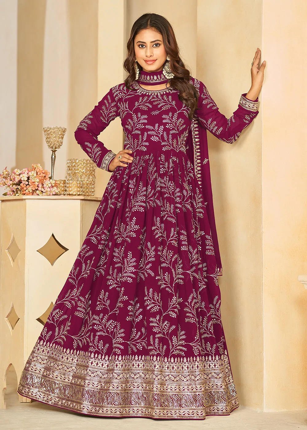 Embroidered Lovely Wine Georgette Wedding Anarkali Suit