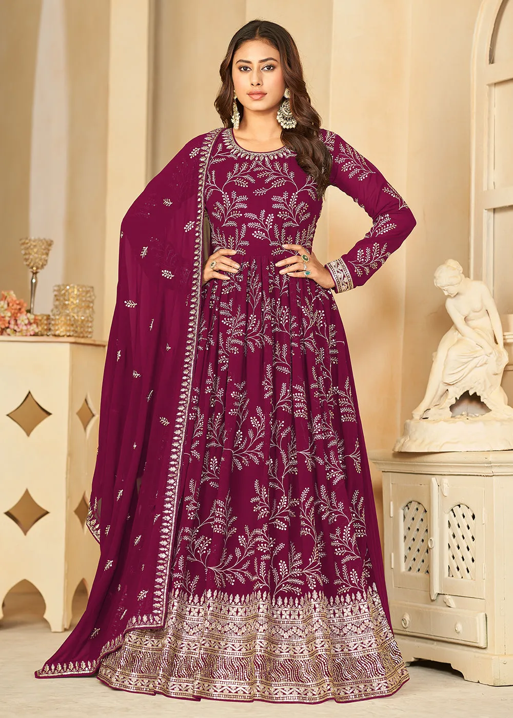 Embroidered Lovely Wine Georgette Wedding Anarkali Suit