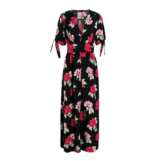 Floral Print Summer Knotted Boho Long Maxi Dress