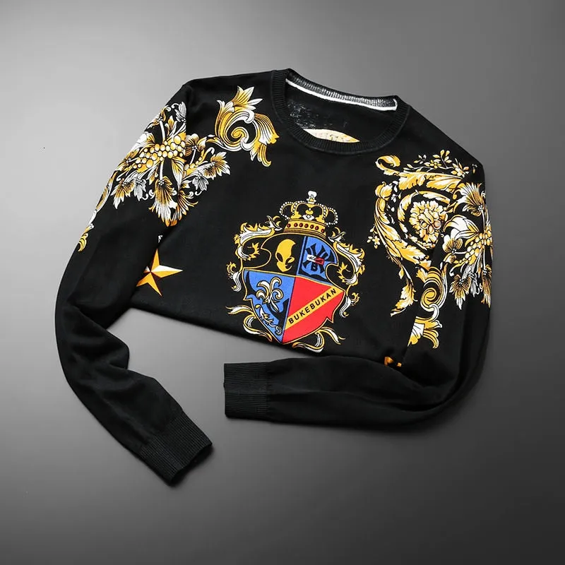 Floral Royal Emblem and Letter Printed Knitted Sweater