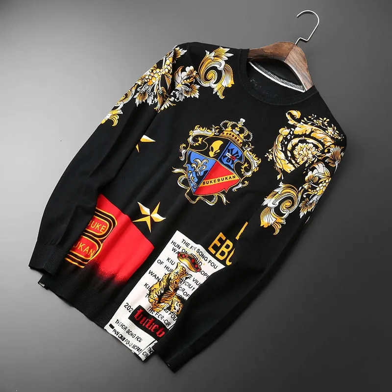 Floral Royal Emblem and Letter Printed Knitted Sweater