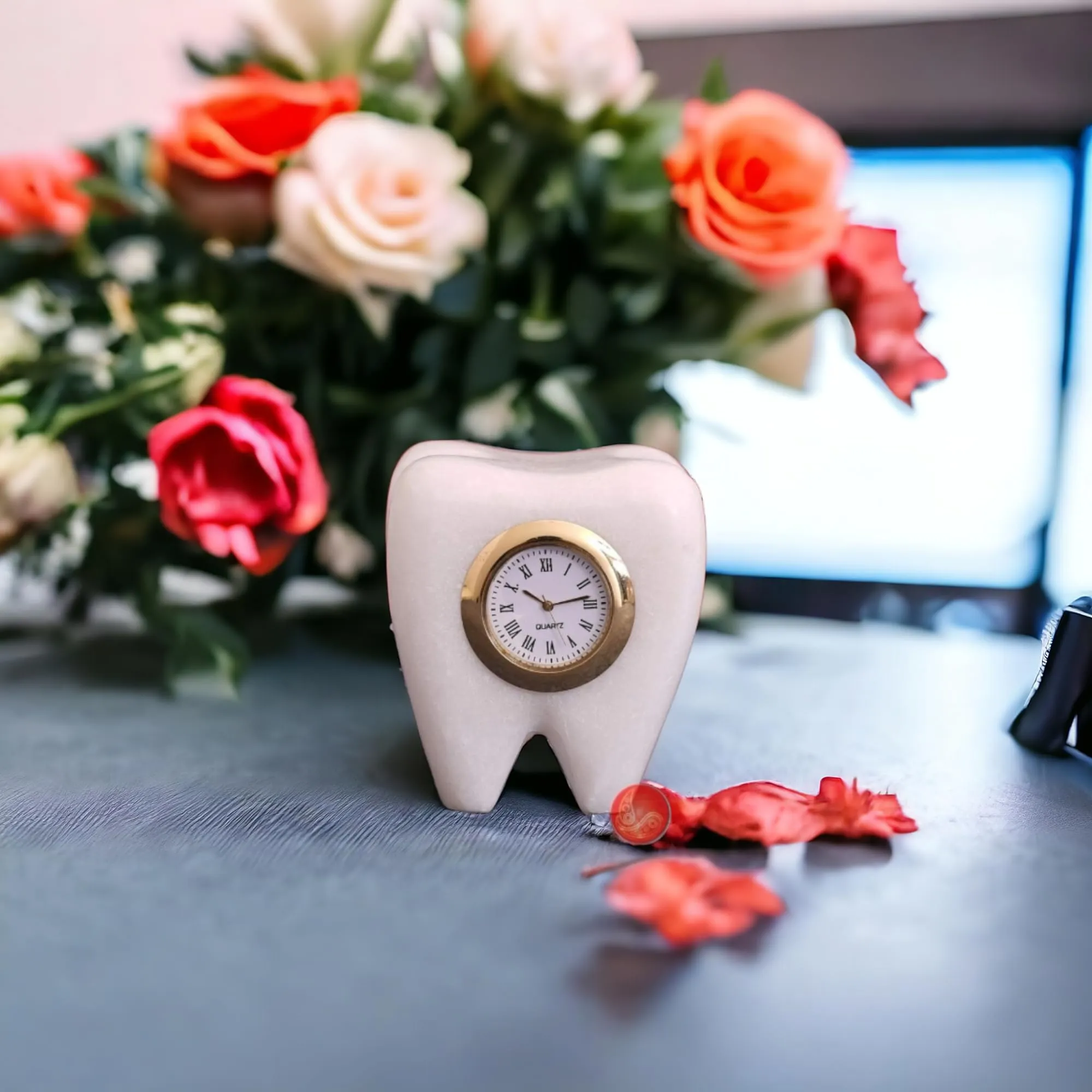 IMAGICART Tooth Shape Marble Table Clock, Unique Design Decorative Clock Showpiece, Gift for Dentists (Marble Tooth Clock)