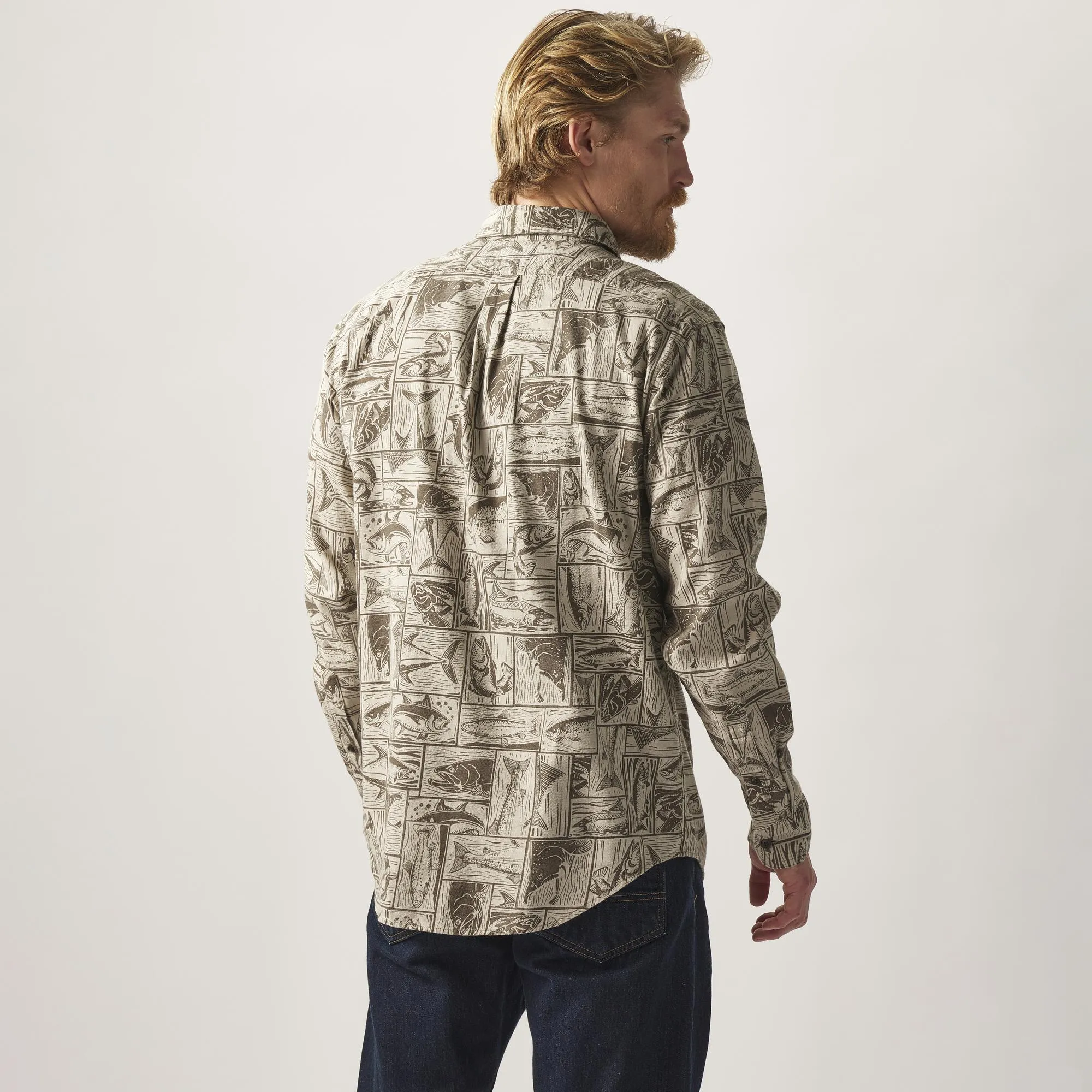 Lightweight Alaskan Guide Shirt- Stone Brown Cutwork Fish Print