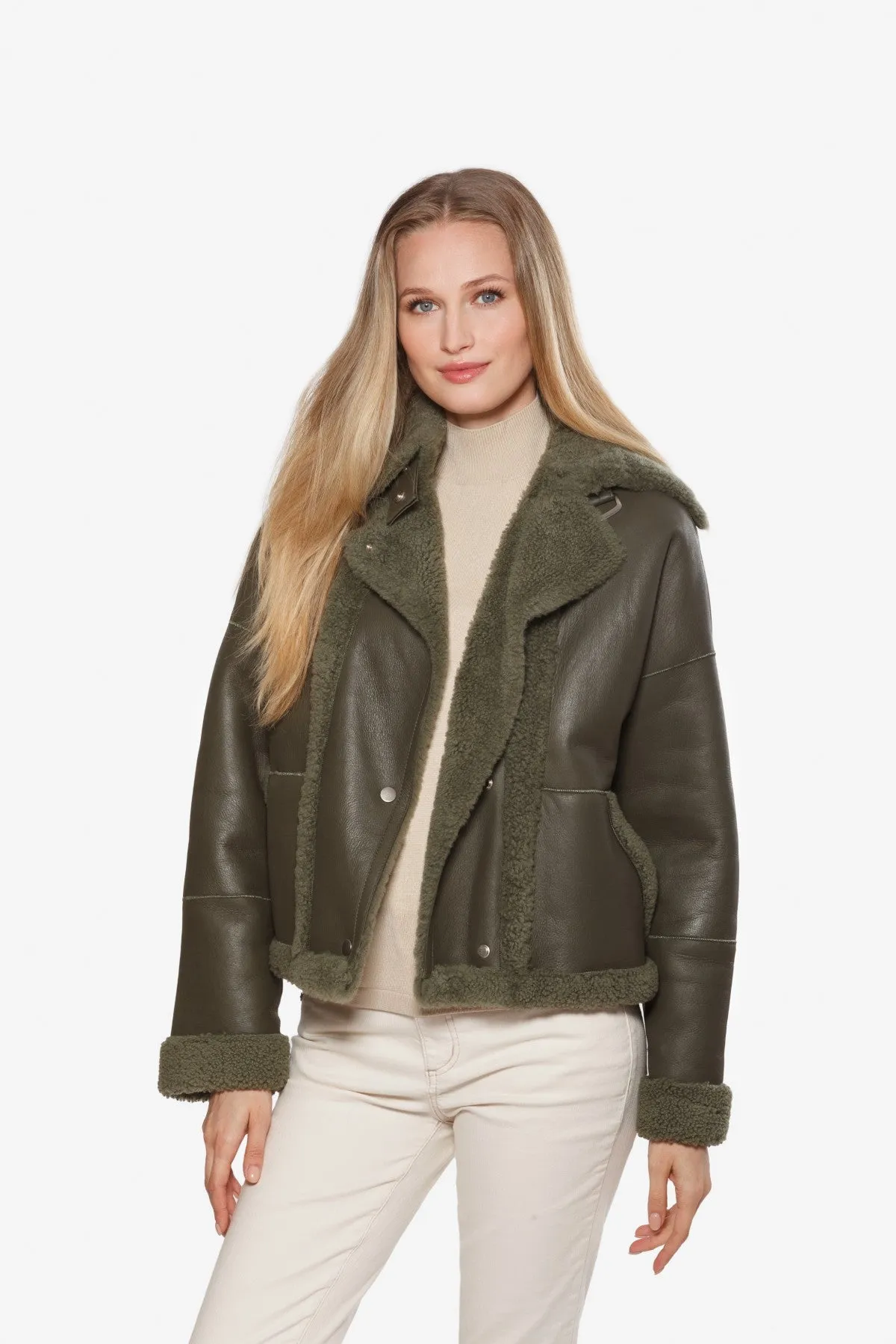 Linda Richards Cropped Merino Lamb and Leather Jacket WB-883 | Sage