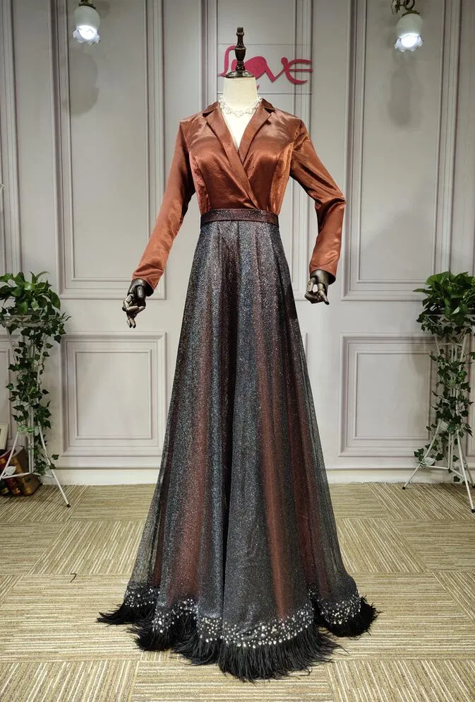 Long sleeves brown black mother of the bride dress with feather