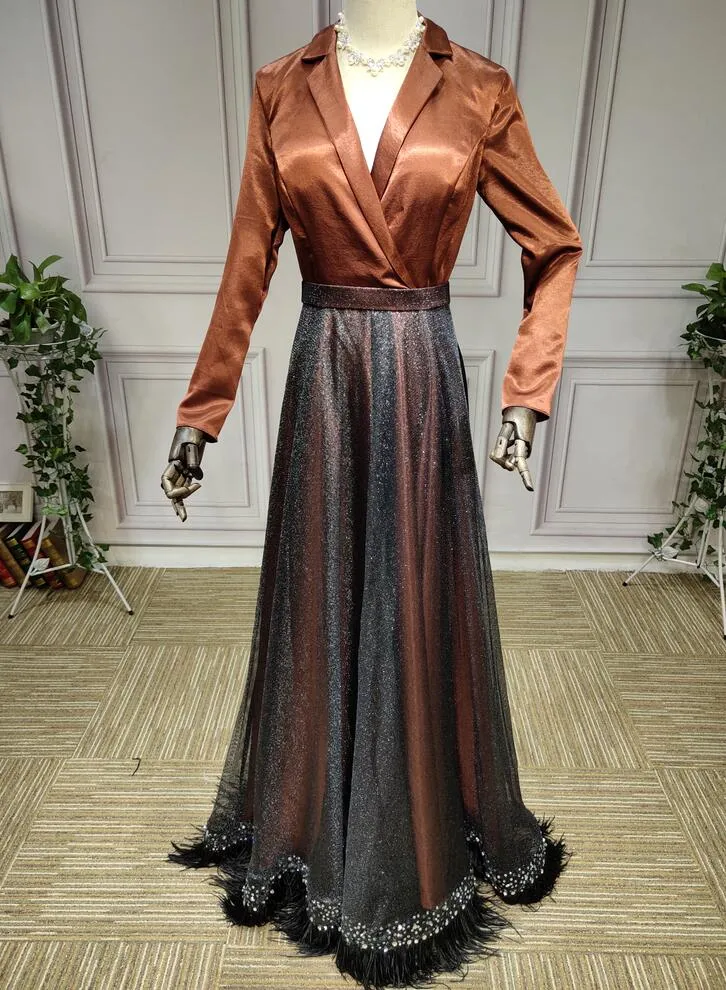 Long sleeves brown black mother of the bride dress with feather