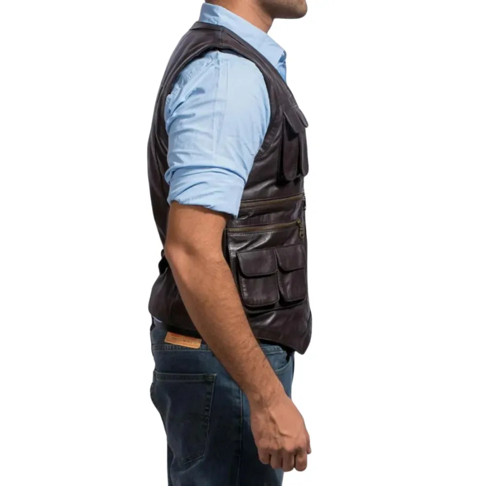 Mens Brown Leather Safari Jungle Vest