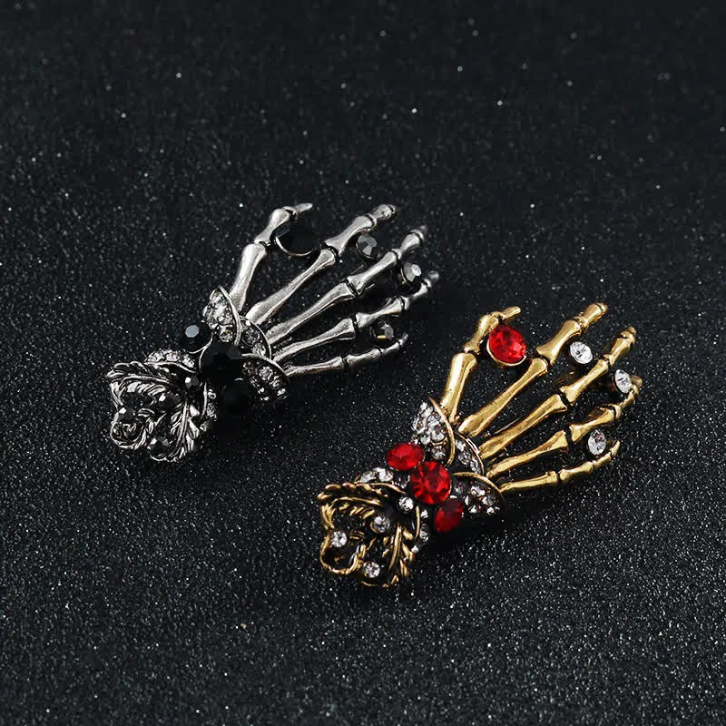 Men's Skeleton Finger Hand Rhinestone Brooch Pin