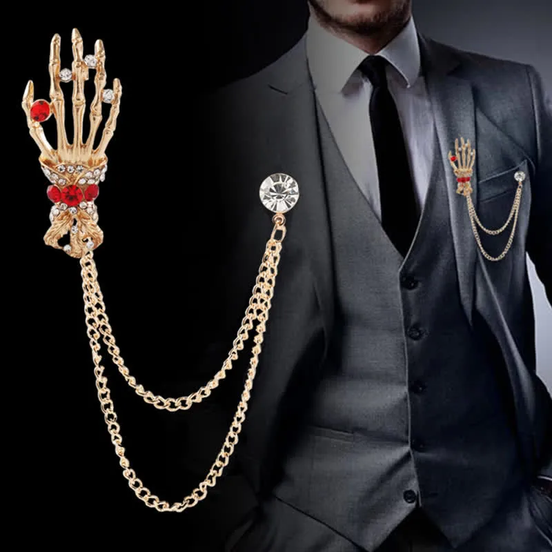 Men's Skeleton Finger Hand Rhinestone Brooch Pin