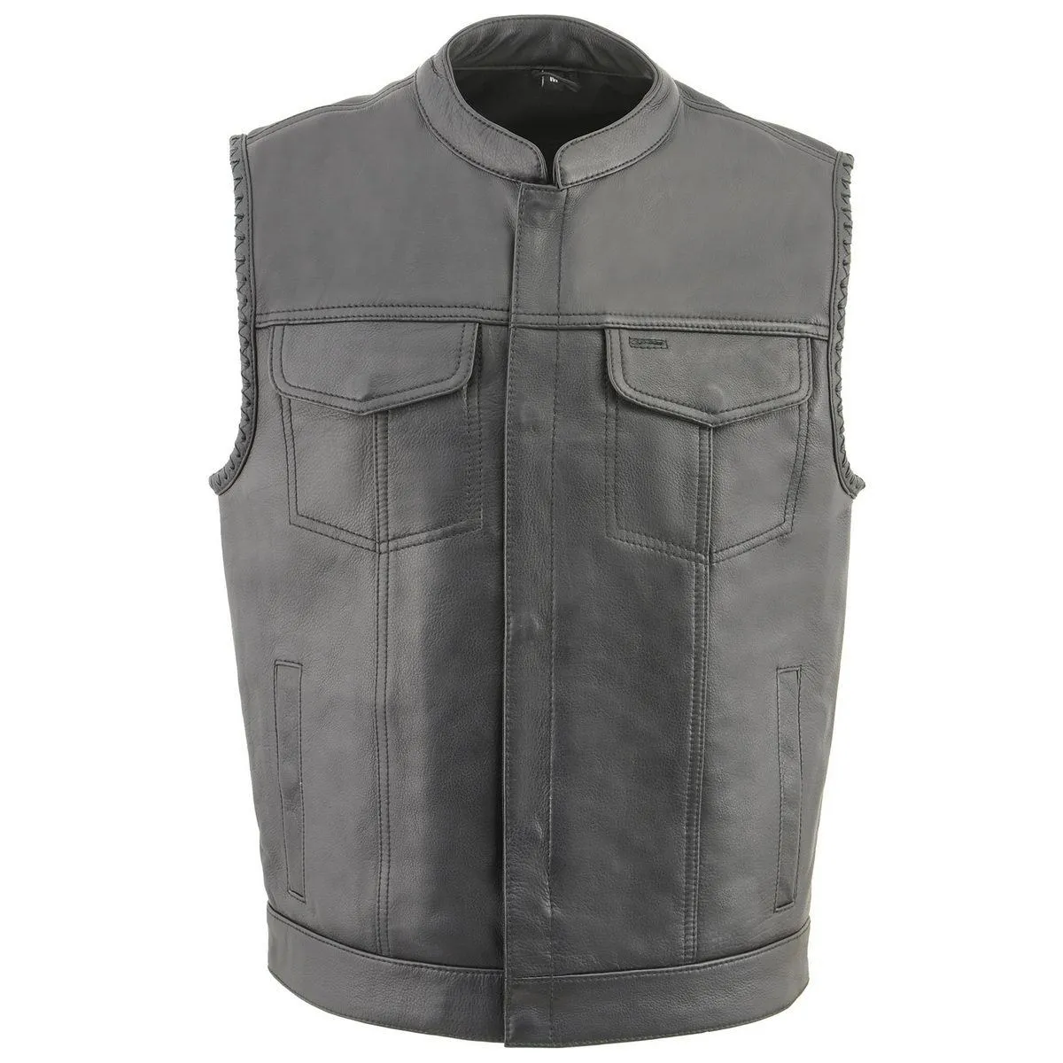 Milwaukee Leather MLM3507 Men's Old Glory Black Naked Leather Club Style Vest w/ Grey Stitching Laced Armholes