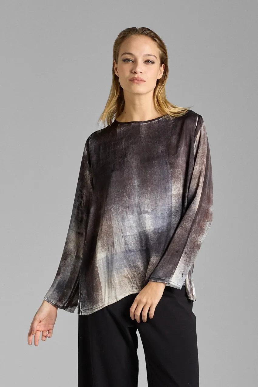 MURALES EFFECT STRETCH SILK LONG SLEEVES BLOUSE