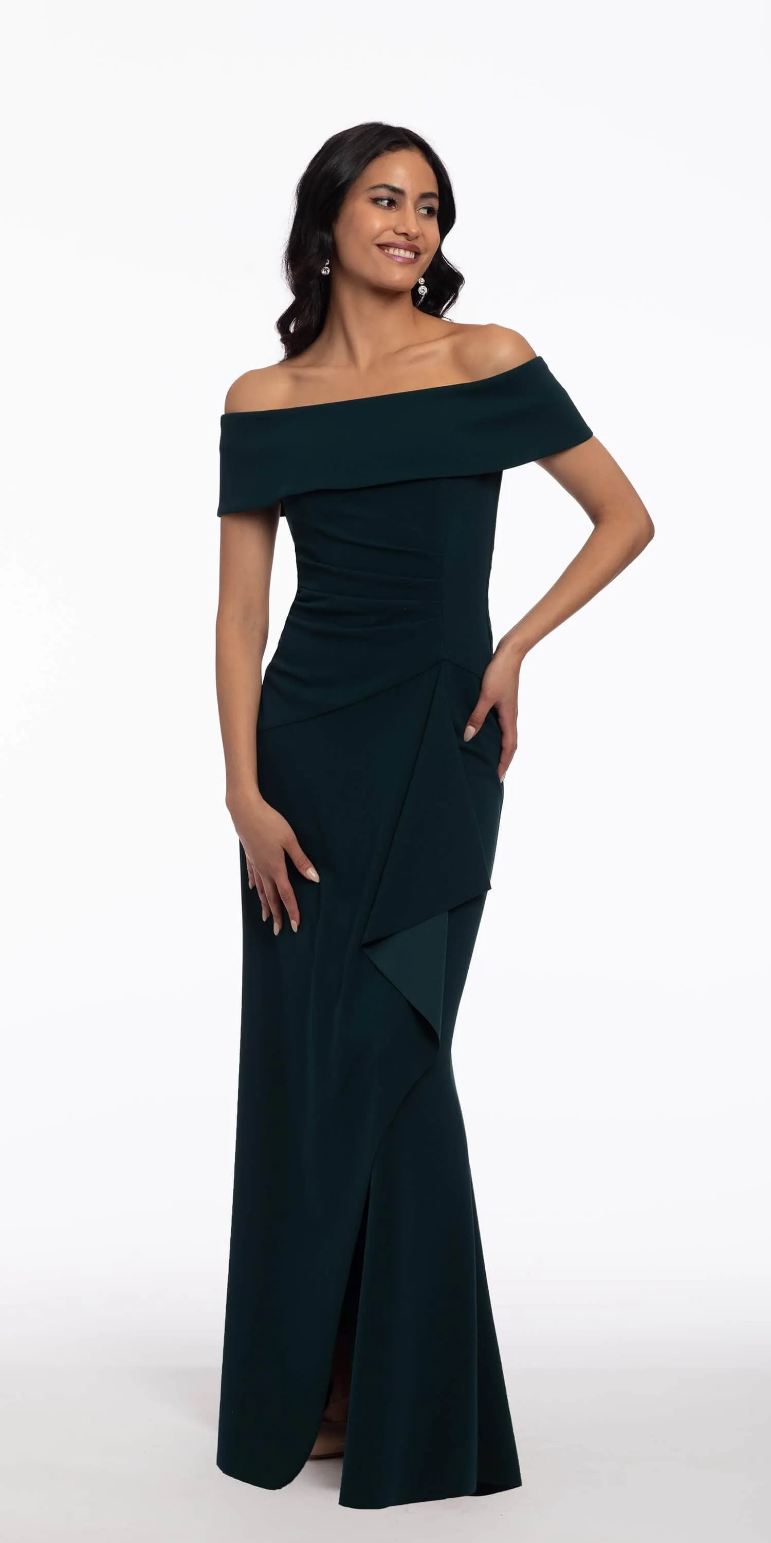 Off the Shoulder Crepe Dress with Side Drape