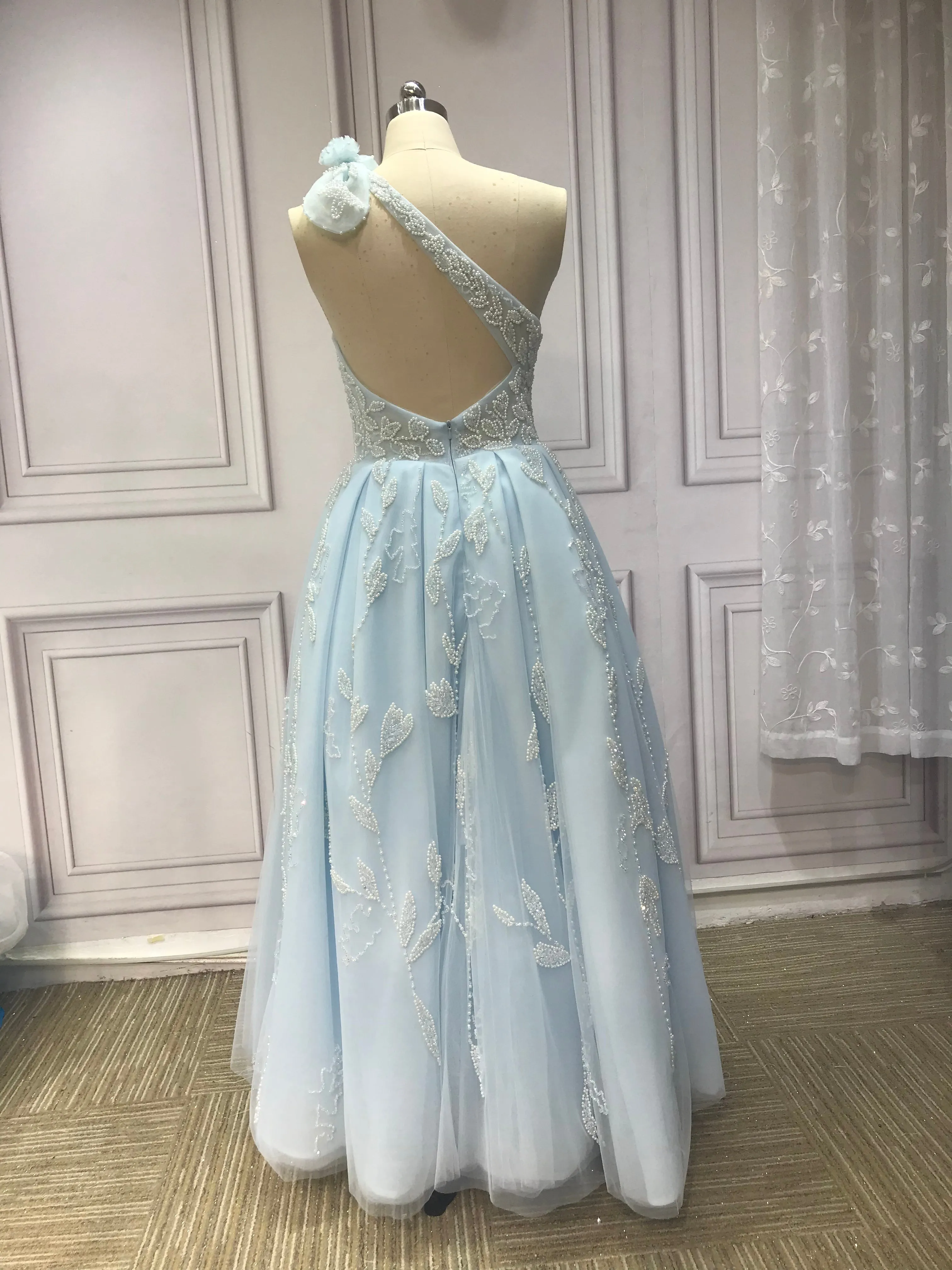 One shoulder tea length heavy handmade beaded pearls crystals couture prom dress 2023