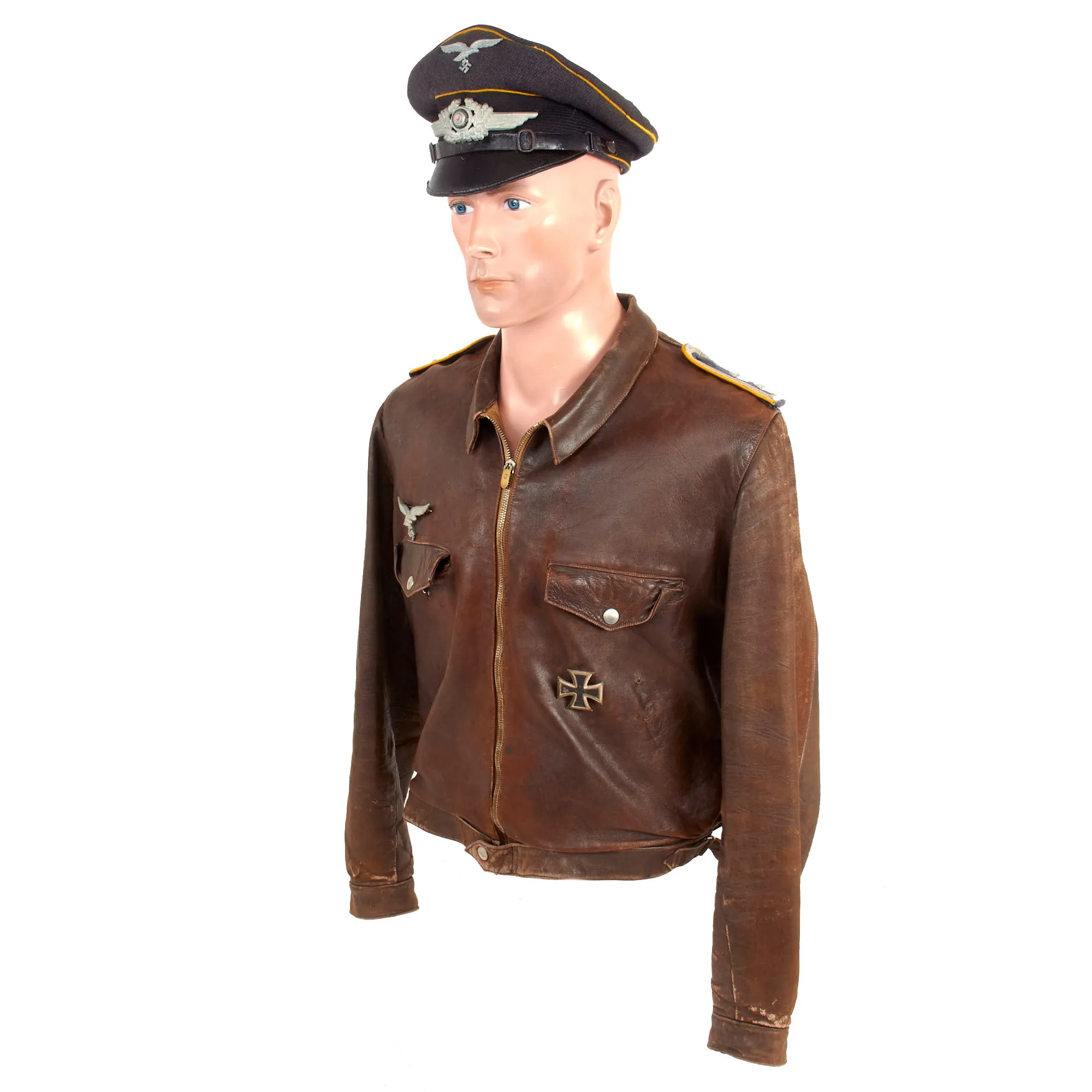 Original German WWII Luftwaffe Oberfeldwebel Senior NCO's Leather Flight Jacket with EM/NCO Schirmmütze Visor Crush Cap