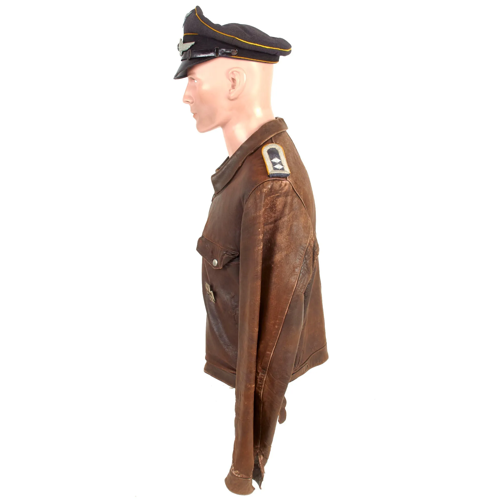 Original German WWII Luftwaffe Oberfeldwebel Senior NCO's Leather Flight Jacket with EM/NCO Schirmmütze Visor Crush Cap