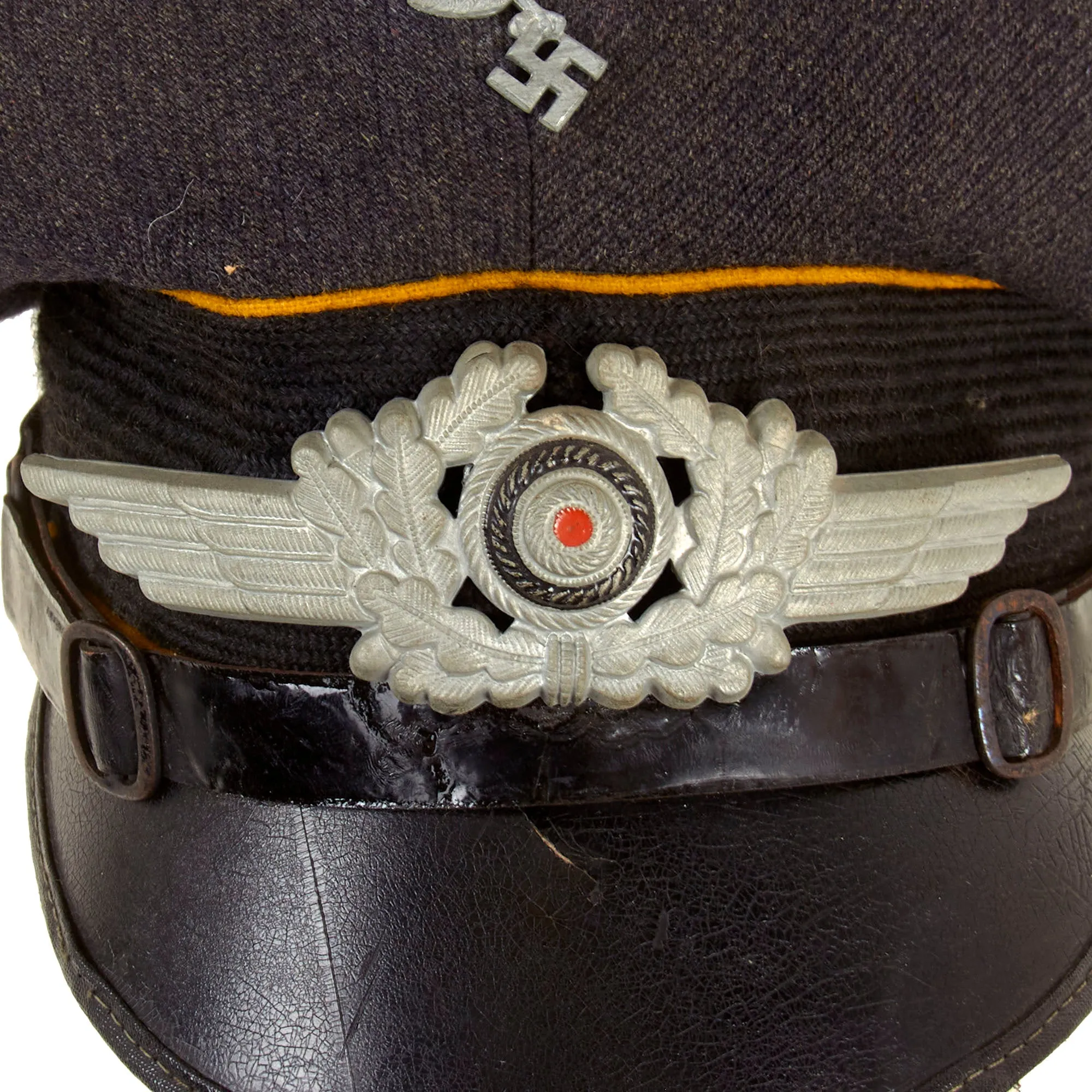 Original German WWII Luftwaffe Oberfeldwebel Senior NCO's Leather Flight Jacket with EM/NCO Schirmmütze Visor Crush Cap