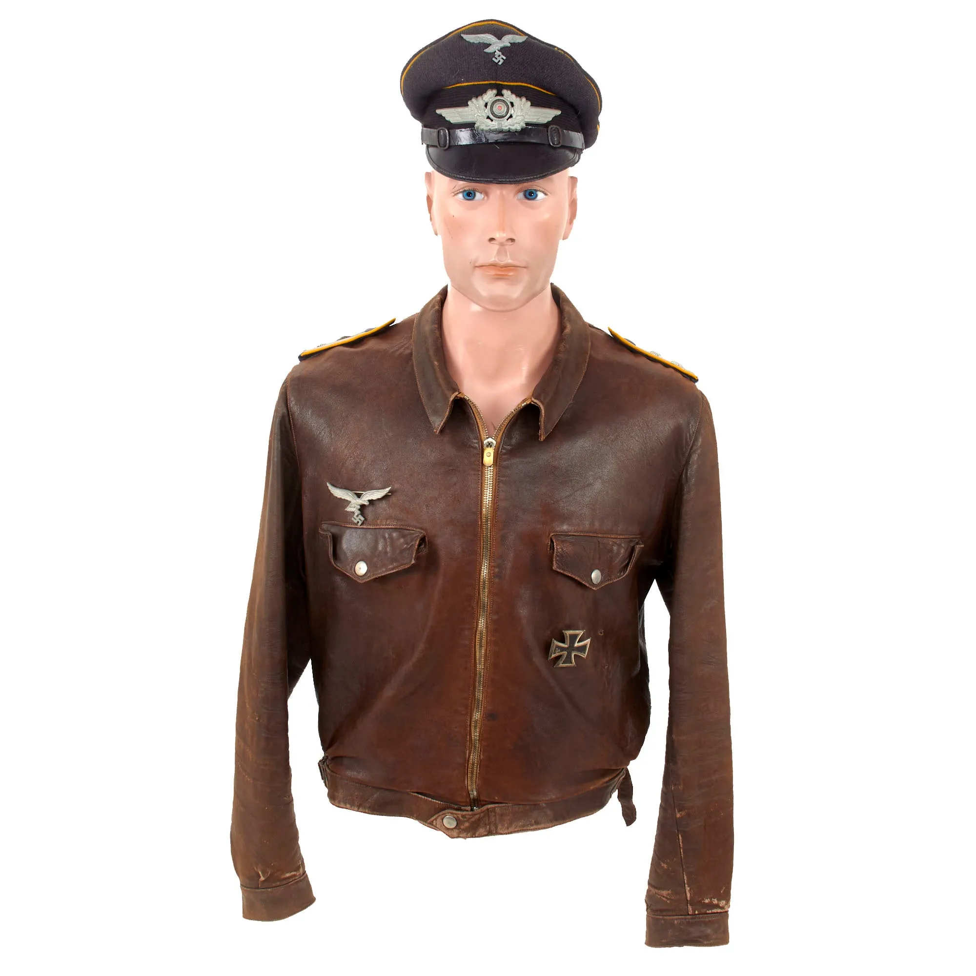 Original German WWII Luftwaffe Oberfeldwebel Senior NCO's Leather Flight Jacket with EM/NCO Schirmmütze Visor Crush Cap