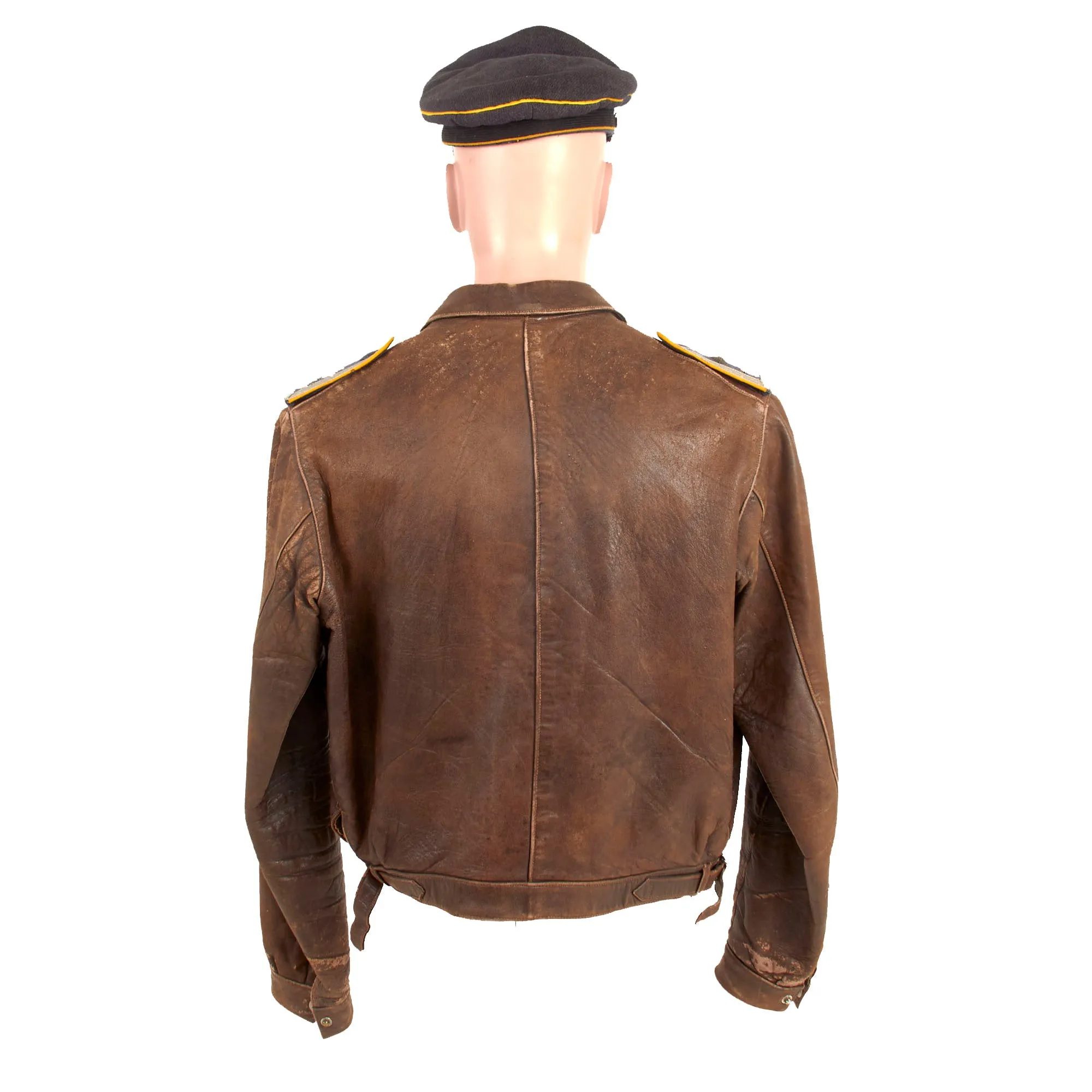 Original German WWII Luftwaffe Oberfeldwebel Senior NCO's Leather Flight Jacket with EM/NCO Schirmmütze Visor Crush Cap