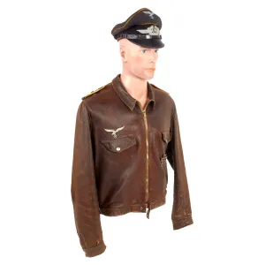 Original German WWII Luftwaffe Oberfeldwebel Senior NCO's Leather Flight Jacket with EM/NCO Schirmmütze Visor Crush Cap