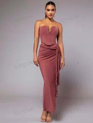 Pink Strapless Off-Shoulder Sexy Top And Twist Straps Draped Long Skirt Elegant Women Two-Piece Set