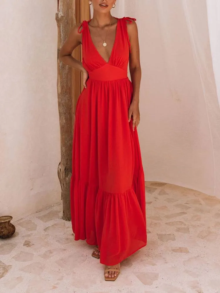 Pleated V-Neck Drawstring Maxi Dress