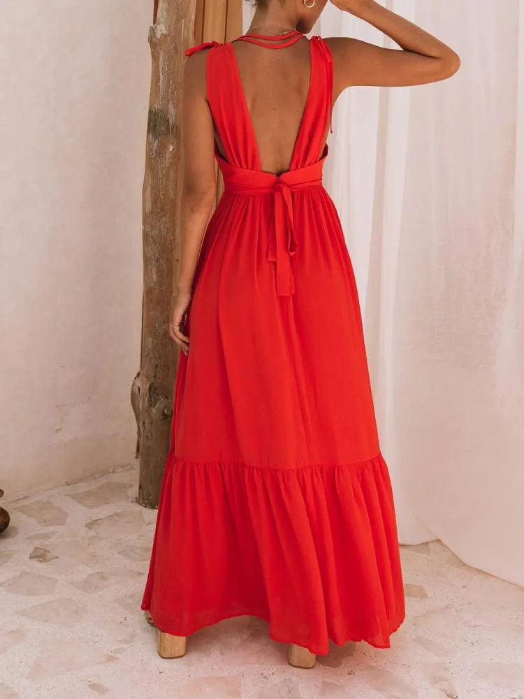 Pleated V-Neck Drawstring Maxi Dress