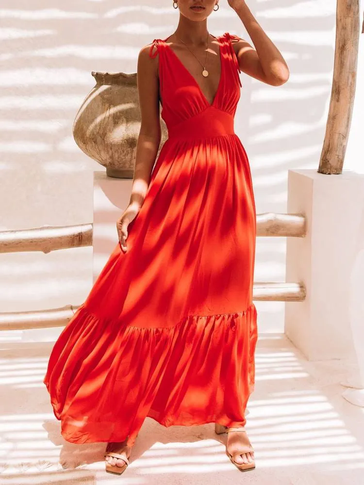 Pleated V-Neck Drawstring Maxi Dress