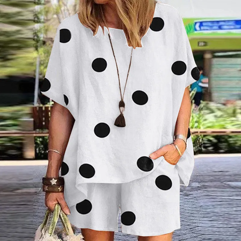 Polka Dot Print Round Neck Loose Short Sleeves Shorts Two Piece Set