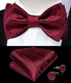 Red Solid Silk Self-Bowtie Pocket Square Cufflinks Set