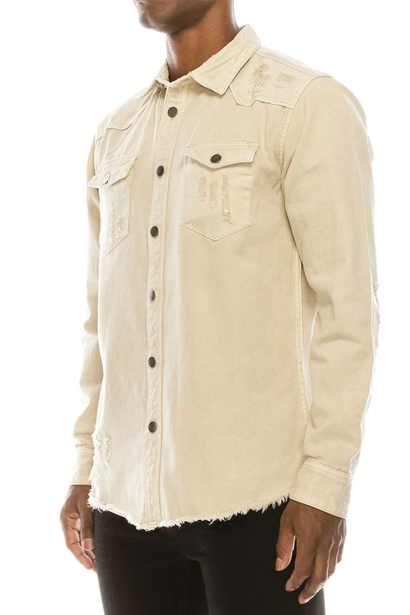 Ripped Denim Overshirt - Sand