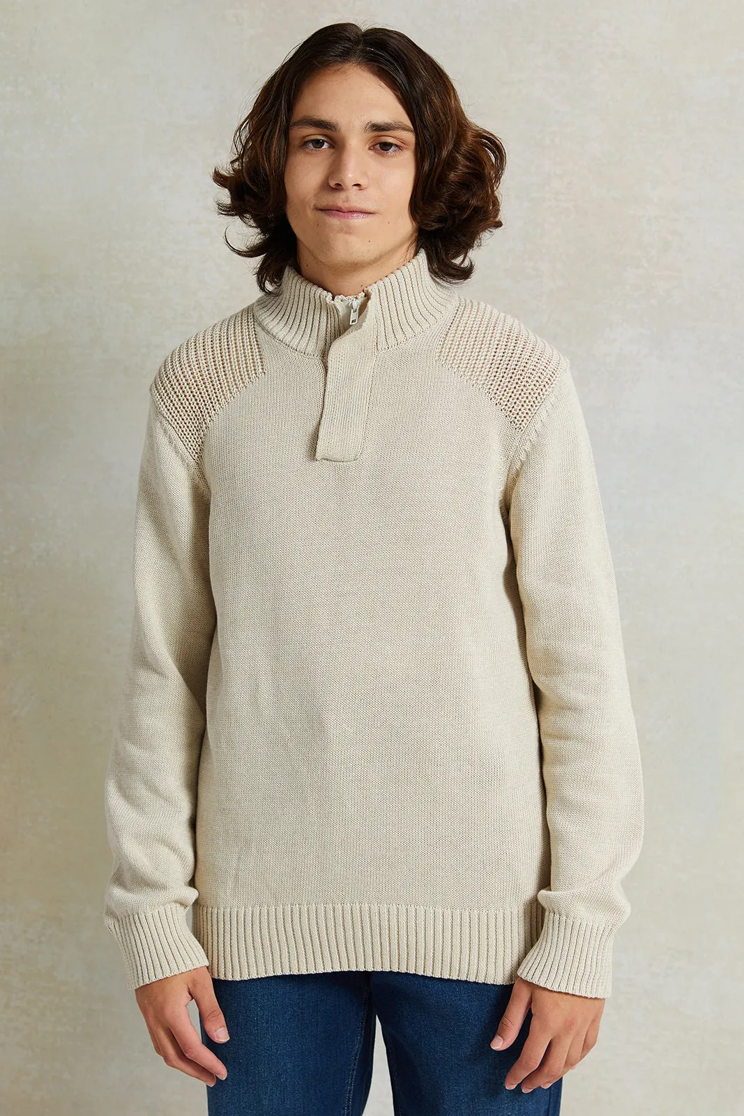 Senior Boys Cream High-Neck Sweater