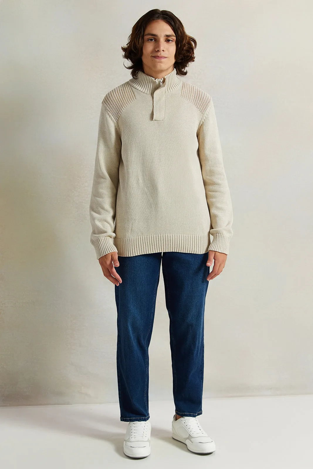 Senior Boys Cream High-Neck Sweater