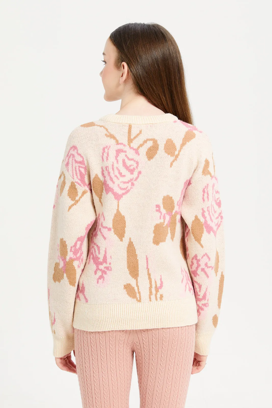 Senior Girls Beige Rose Print Pullover