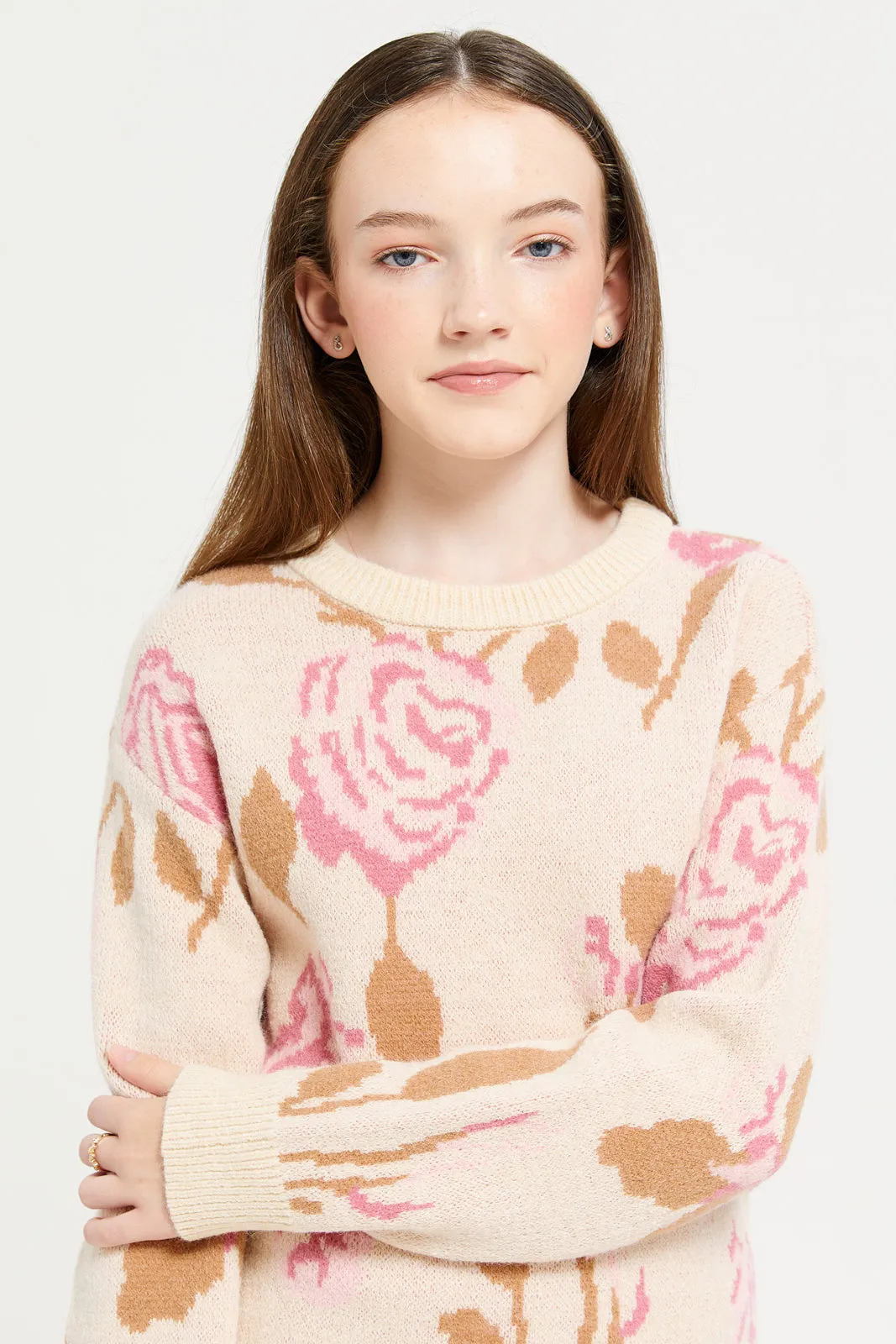 Senior Girls Beige Rose Print Pullover