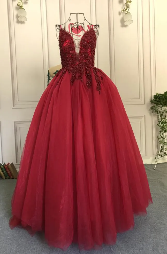 Spaghetti lace appliques crystals pearls beaded dark red burgundy ball gown tulle prom dress