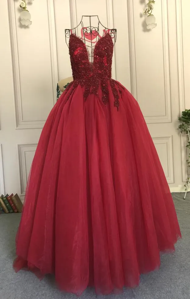 Spaghetti lace appliques crystals pearls beaded dark red burgundy ball gown tulle prom dress