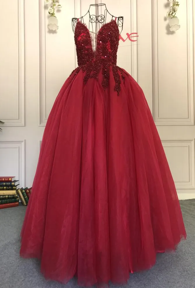 Spaghetti lace appliques crystals pearls beaded dark red burgundy ball gown tulle prom dress